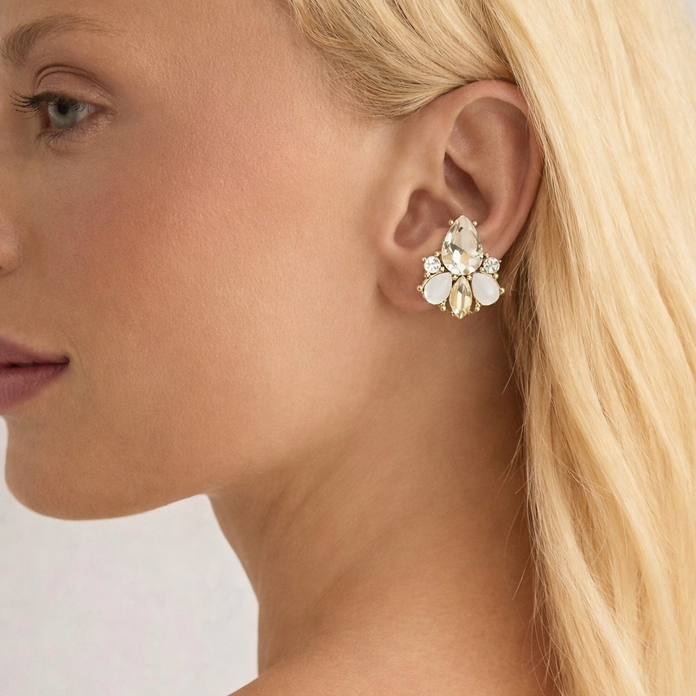 CHRYSTAL AND GOLD Teardrop Cluster Stud Earrings.